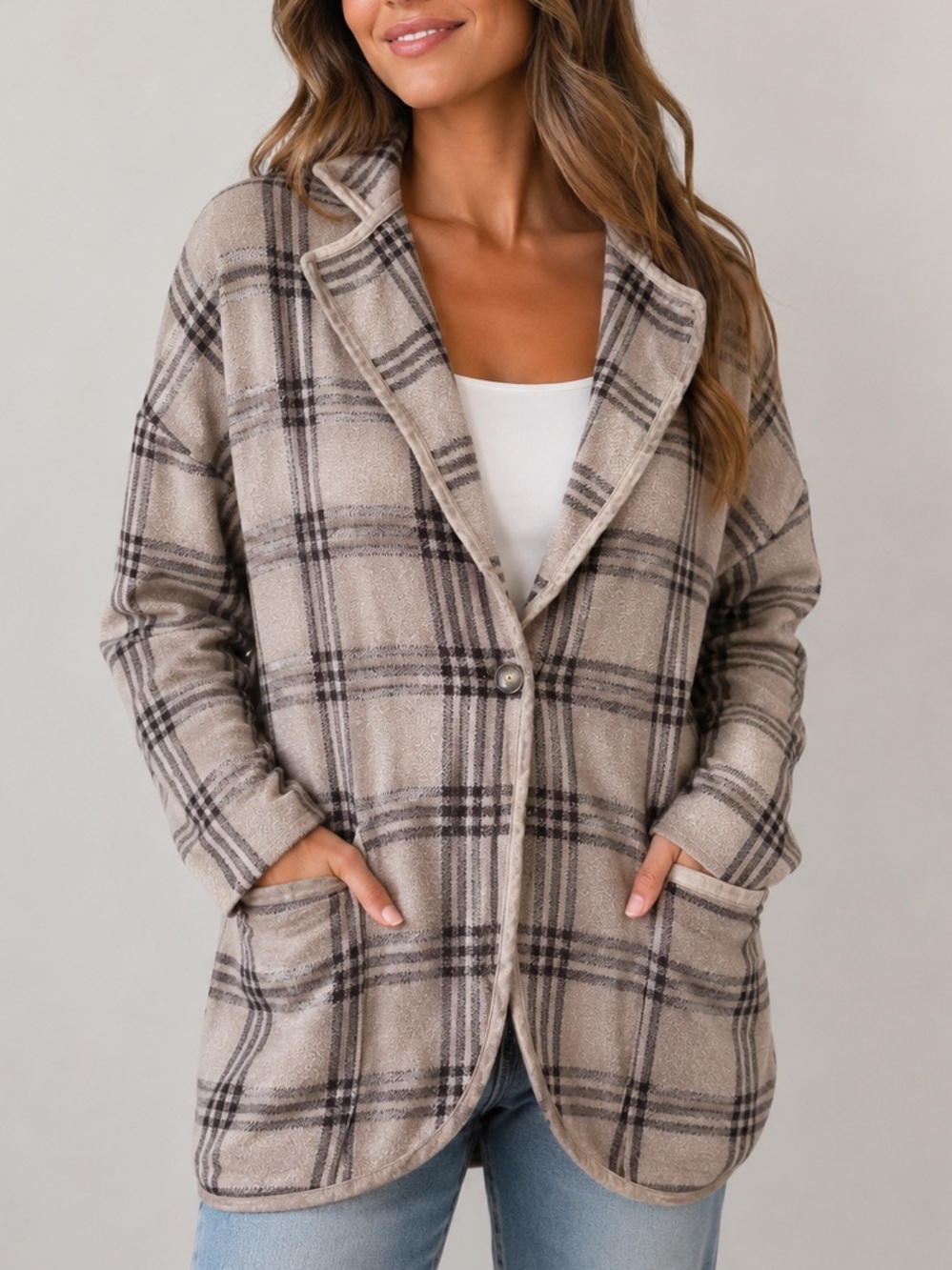 Dreamers by Debut Plaid Button Front Cardigan Sweater Taupe Brown Women’s Small